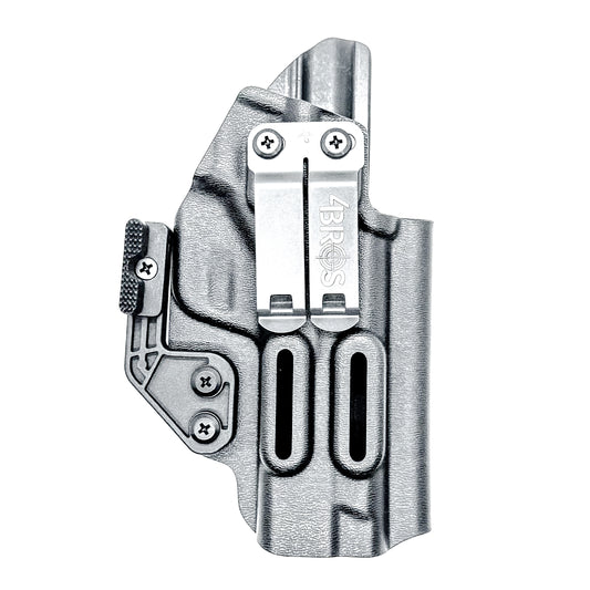 Black inside waistband IWB holster for the Smith & Wesson 10MM 4" and 4.6" pistol from Four Brothers Holsters.  Shown with DCC Monoblock and a modwing.