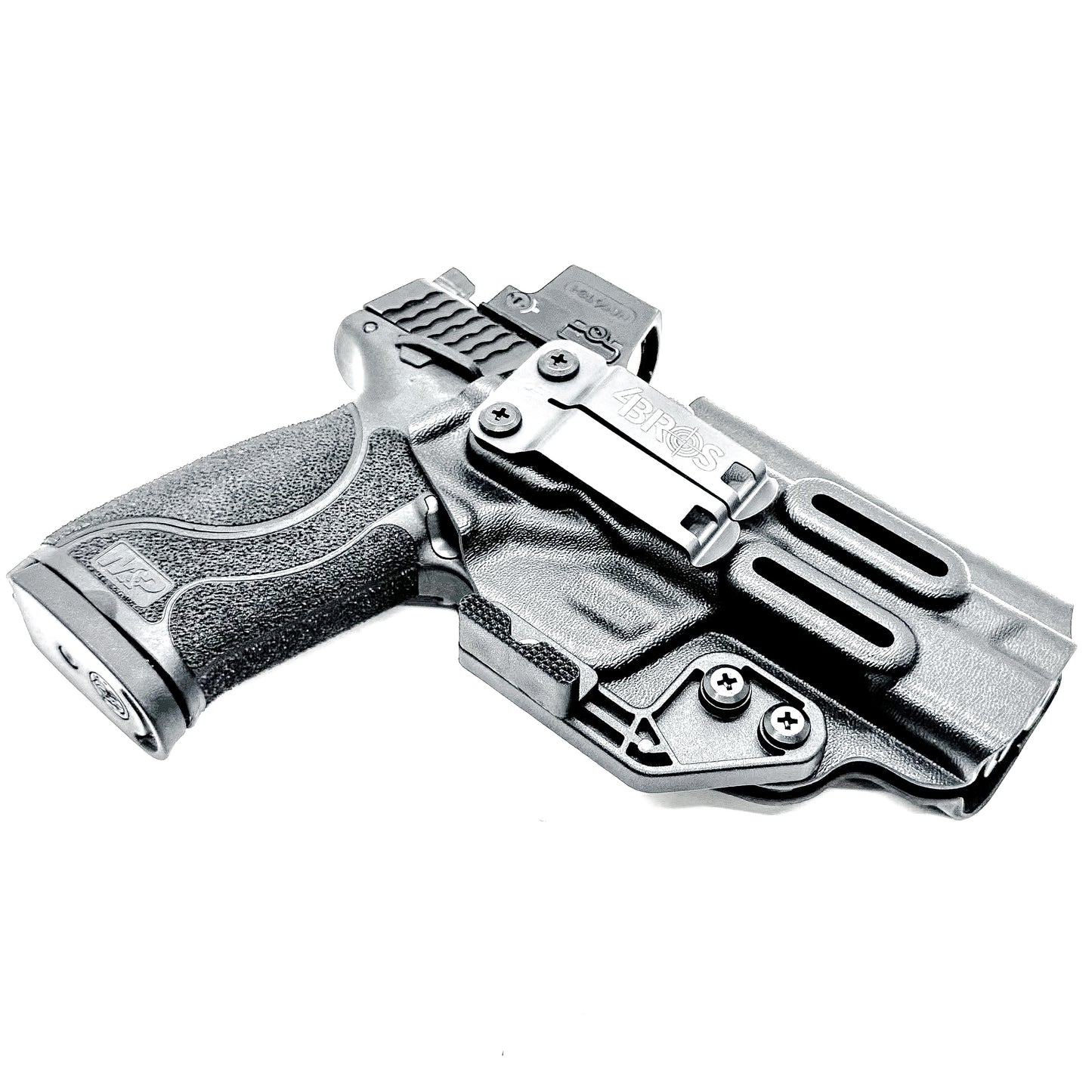 Black inside waistband IWB holster for the Smith & Wesson 10MM 4" and 4.6" pistol from Four Brothers Holsters.  Shown with DCC Monoblock and a modwing.