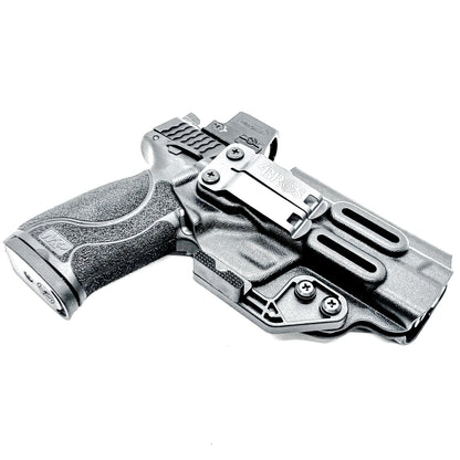 Black inside waistband IWB holster for the Smith & Wesson 10MM 4" and 4.6" pistol from Four Brothers Holsters.  Shown with DCC Monoblock and a modwing.