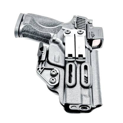 Black inside waistband IWB holster for the Smith & Wesson 10MM 4" and 4.6" pistol from Four Brothers Holsters.  Shown with DCC Monoblock and a modwing.