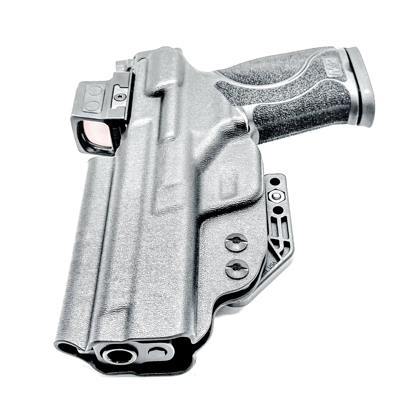 Black inside waistband IWB holster for the Smith & Wesson 10MM 4" and 4.6" pistol from Four Brothers Holsters.  Shown with DCC Monoblock and a modwing.