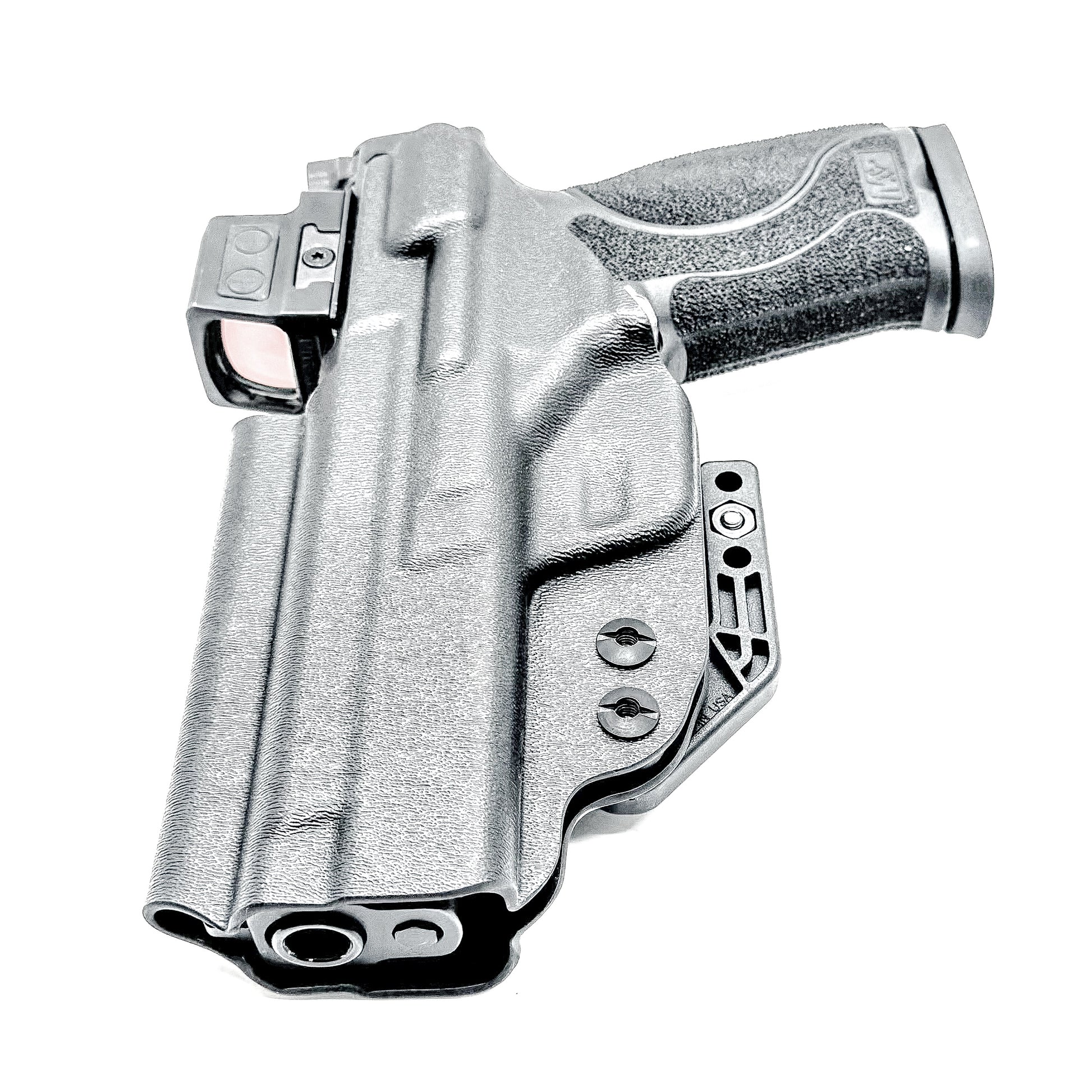 Black inside waistband IWB holster for the Smith & Wesson 10MM 4" and 4.6" pistol from Four Brothers Holsters.  Shown with DCC Monoblock and a modwing.