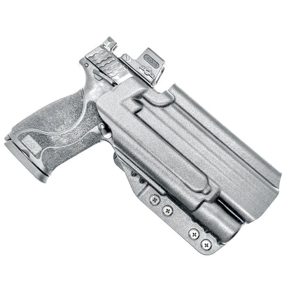 For the best OWB holster for the S&W M&P 10MM 5.6" Performance Center M2.0 pistol with thumb safety & Surefire X300 light shop Four Brothers 4BROS Holsters.