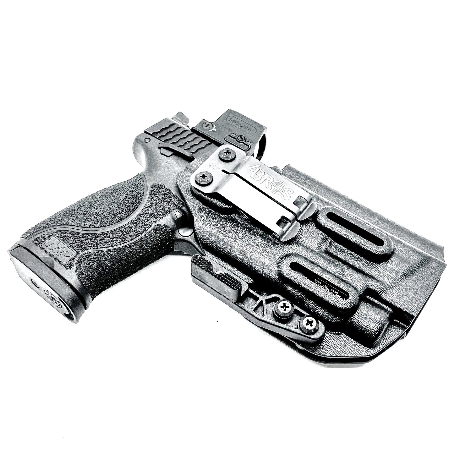 Black Inside Waistband IWB Holster for the Smith & Wesson M&P 4.6" 10mm pistol & TLR-7 HL-X light with DCC Monoblock & a Modwing