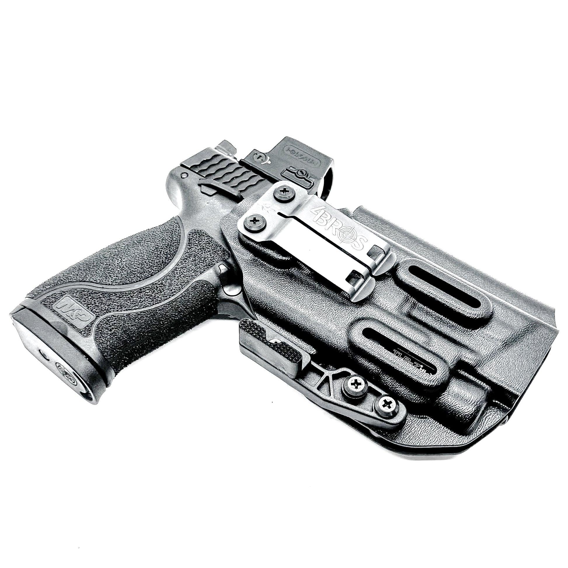Black Inside Waistband IWB Holster for the Smith & Wesson M&P 4.6" 10mm pistol & TLR-7 HL-X light with DCC Monoblock & a Modwing
