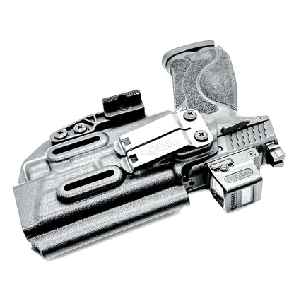 Black Inside Waistband IWB Holster for the Smith & Wesson M&P 4.6" 10mm pistol & TLR-7 HL-X light with DCC Monoblock & a Modwing