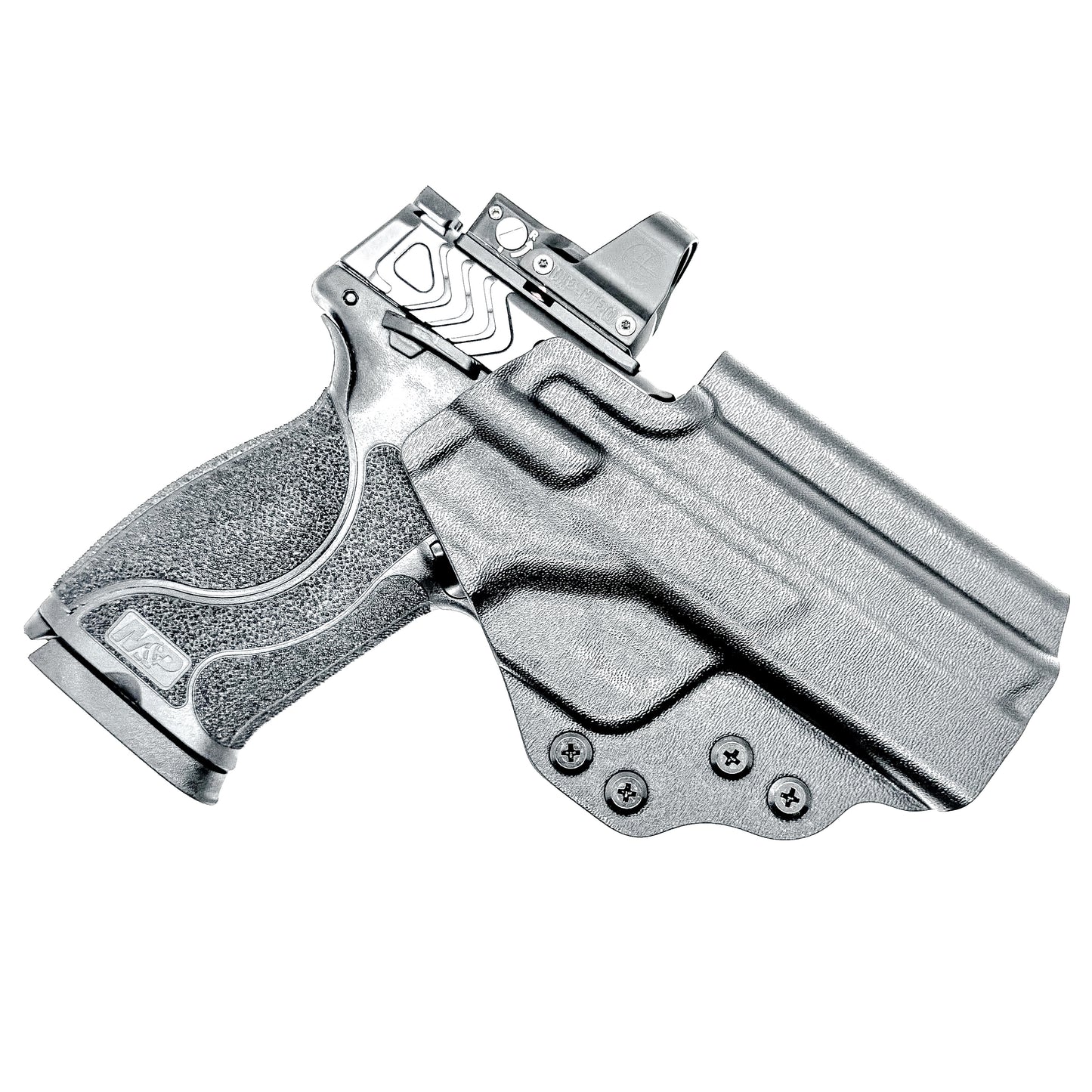 OWB taco-style holster for Smith & Wesson M&P 10MM 4" pistols with or without thumb safety. Optic ready. Built with .093" thermoplastic. USA made.