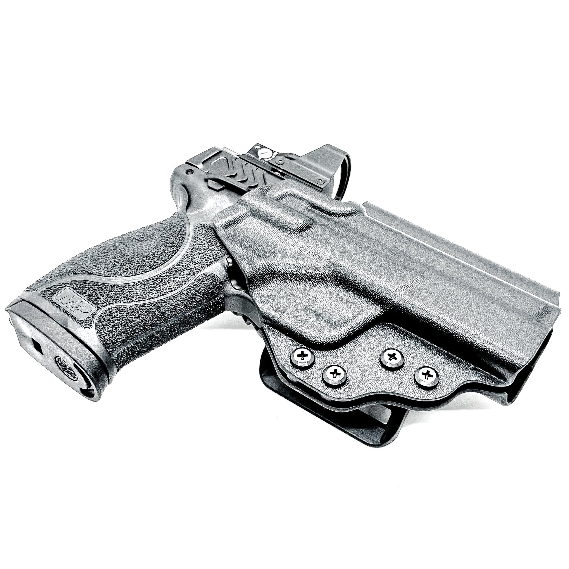 OWB taco-style holster for Smith & Wesson M&P 10MM 4" pistols with or without thumb safety. Optic ready. Built with .093" thermoplastic. USA made.