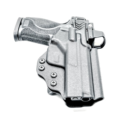 OWB taco-style holster for Smith & Wesson M&P 10MM 4" pistols with or without thumb safety. Optic ready. Built with .093" thermoplastic. USA made.