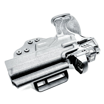 OWB taco-style holster for Smith & Wesson M&P 10MM 4" pistols with or without thumb safety. Optic ready. Built with .093" thermoplastic. USA made.