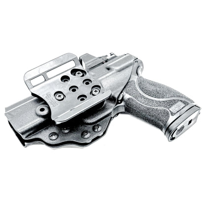 OWB taco-style holster for Smith & Wesson M&P 10MM 4" pistols with or without thumb safety. Optic ready. Built with .093" thermoplastic. USA made.