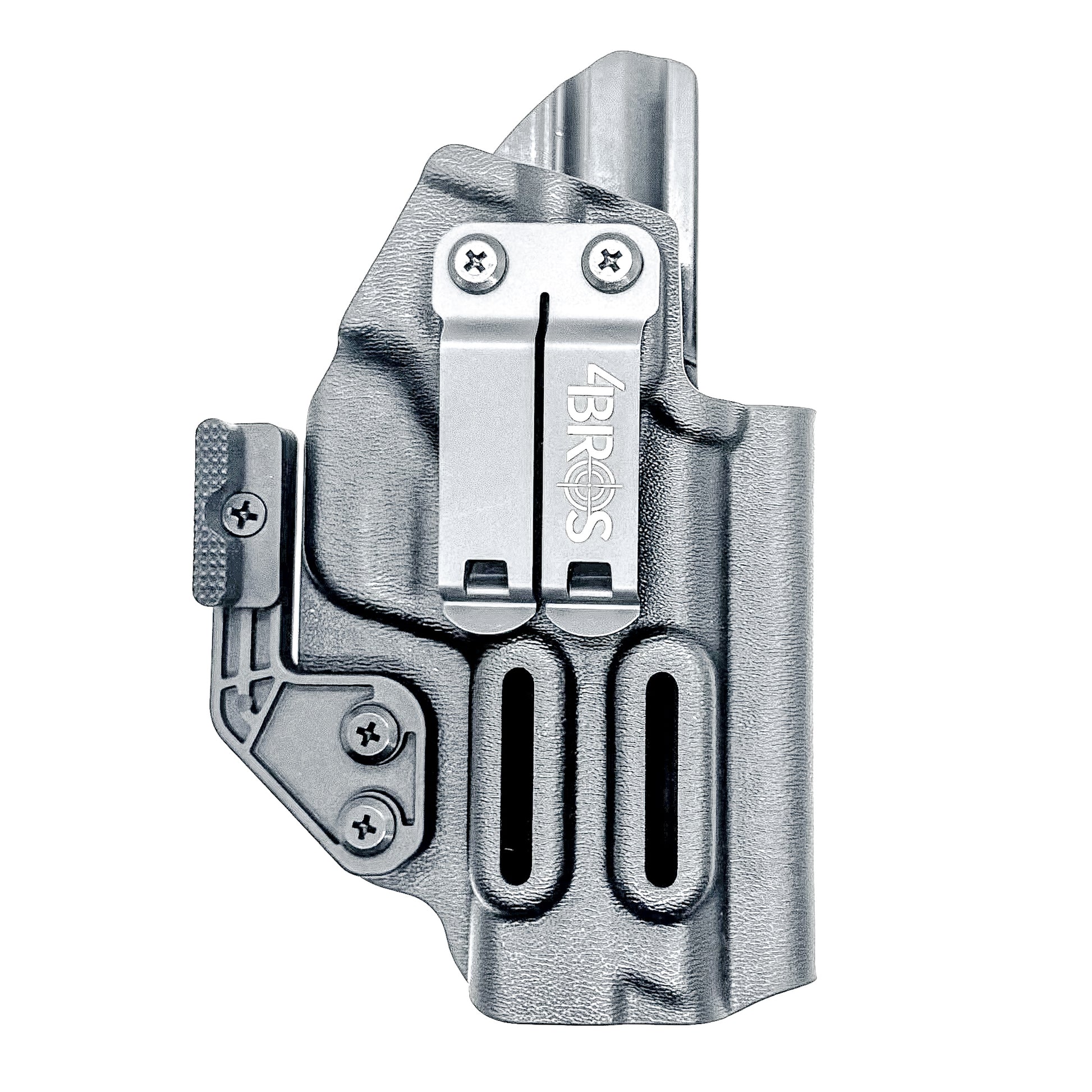 Inside waistband holster designed for Smith & Wesson M&P 1.0 and 2.0 9MM / .40 S&W 4.25" pistols with thumb safety – made by Four Brothers Holsters for secure, concealed carry.