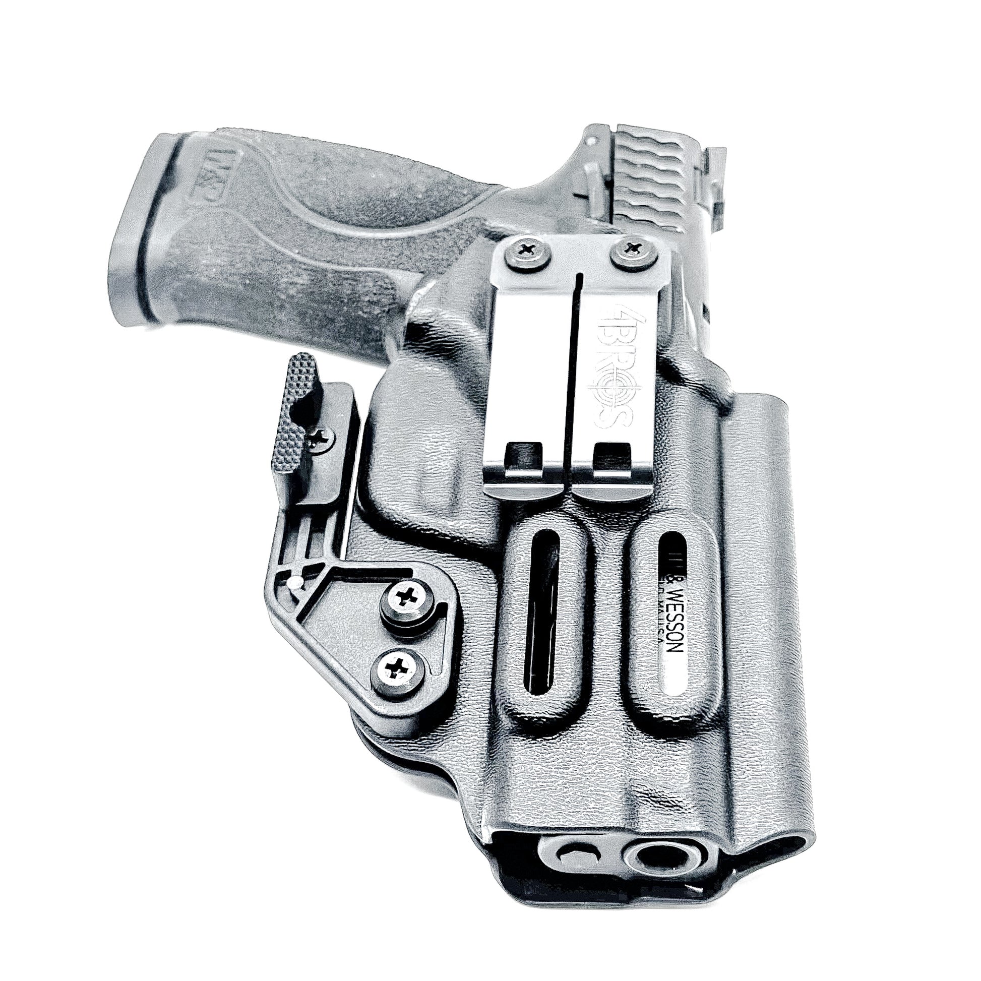 Inside waistband holster designed for Smith & Wesson M&P 1.0 and 2.0 9MM / .40 S&W 4.25" pistols with thumb safety – made by Four Brothers Holsters for secure, concealed carry.
