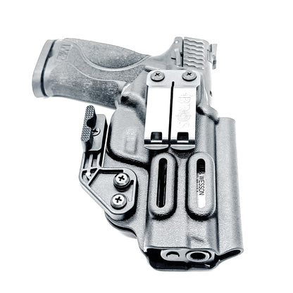 Inside waistband holster designed for Smith & Wesson M&P 1.0 and 2.0 9MM / .40 S&W 4.25" pistols with thumb safety – made by Four Brothers Holsters for secure, concealed carry.
