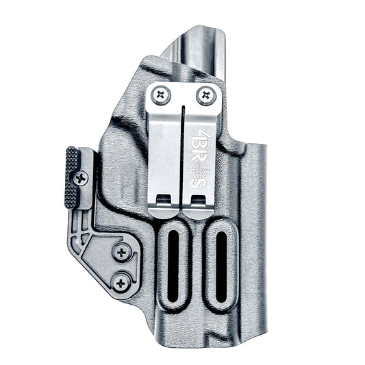 Black inside waistband IWB holster for the Smith & Wesson 10MM 4" and 4.6" pistol from Four Brothers Holsters.  Shown with DCC Monoblock and a modwing.