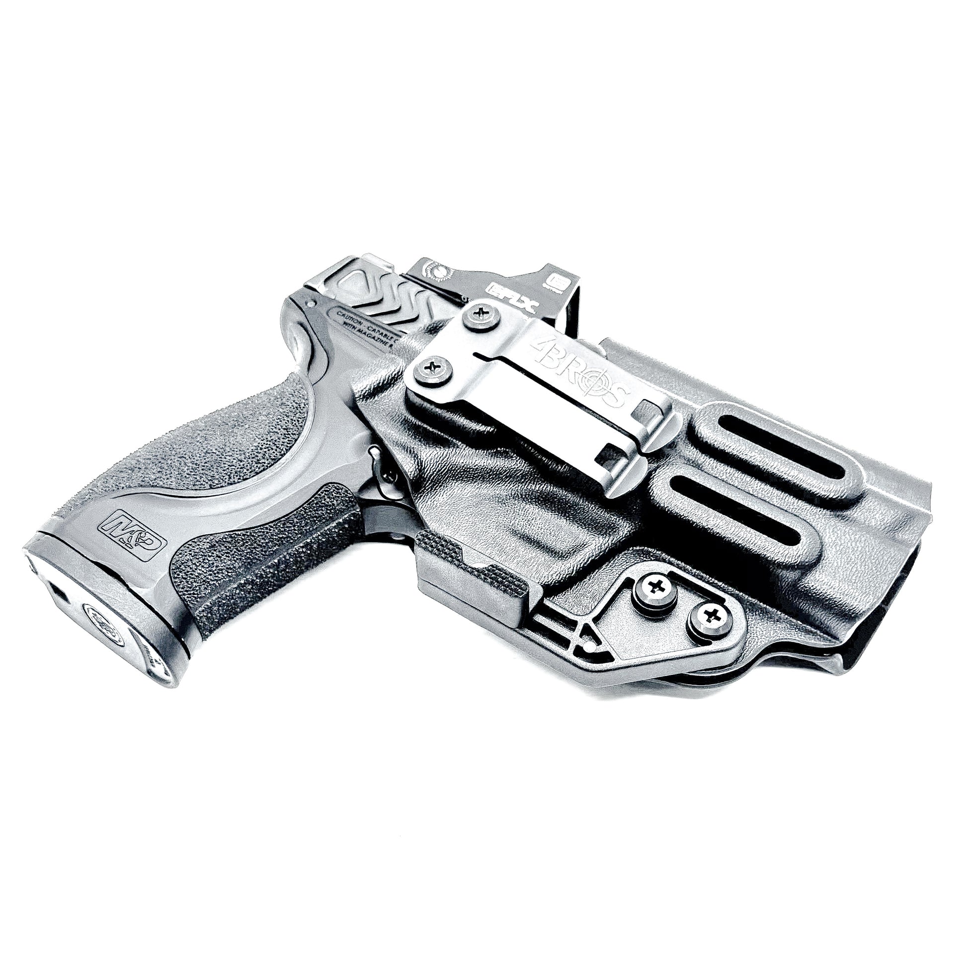 Black inside waistband IWB holster for the Smith & Wesson 10MM 4" and 4.6" pistol from Four Brothers Holsters.  Shown with DCC Monoblock and a modwing.