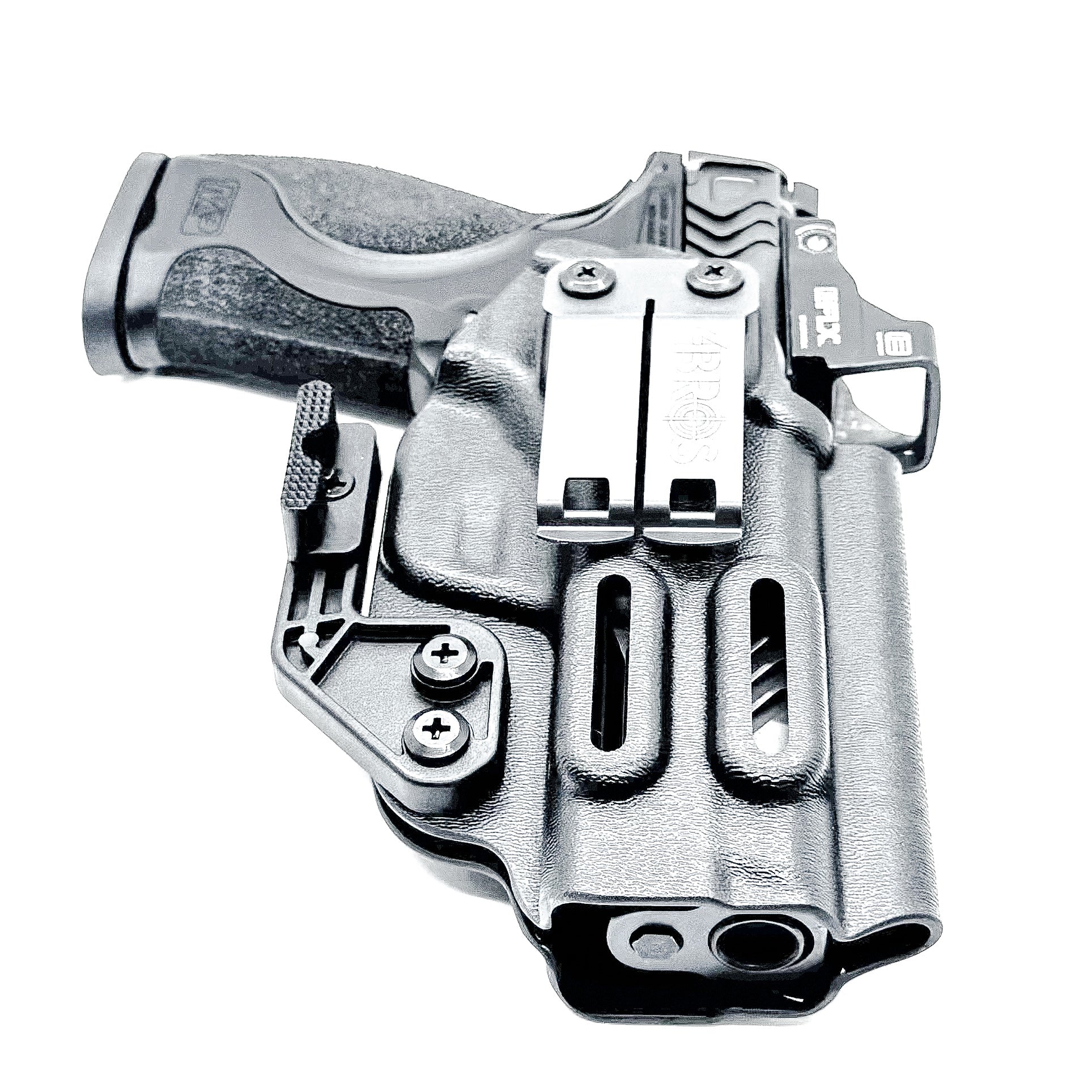 Black inside waistband IWB holster for the Smith & Wesson 10MM 4" and 4.6" pistol from Four Brothers Holsters.  Shown with DCC Monoblock and a modwing.