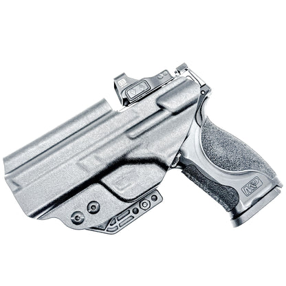 Black inside waistband IWB holster for the Smith & Wesson 10MM 4" and 4.6" pistol from Four Brothers Holsters.  Shown with DCC Monoblock and a modwing.