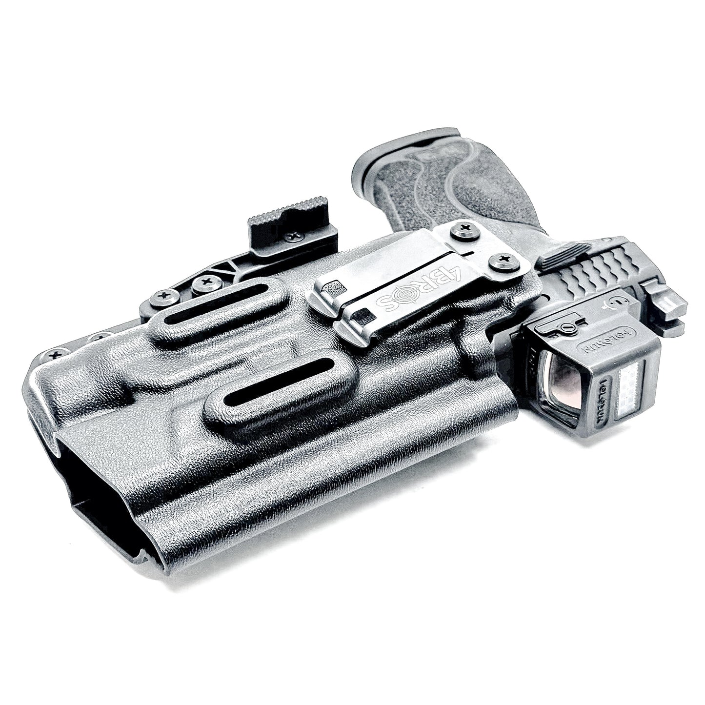 Smith & Wesson M&P 4 & 4.6 10MM M2.0 & TLR-1 HL Inside Waistband Holster in black with a DCC Monoblock and a modwing.