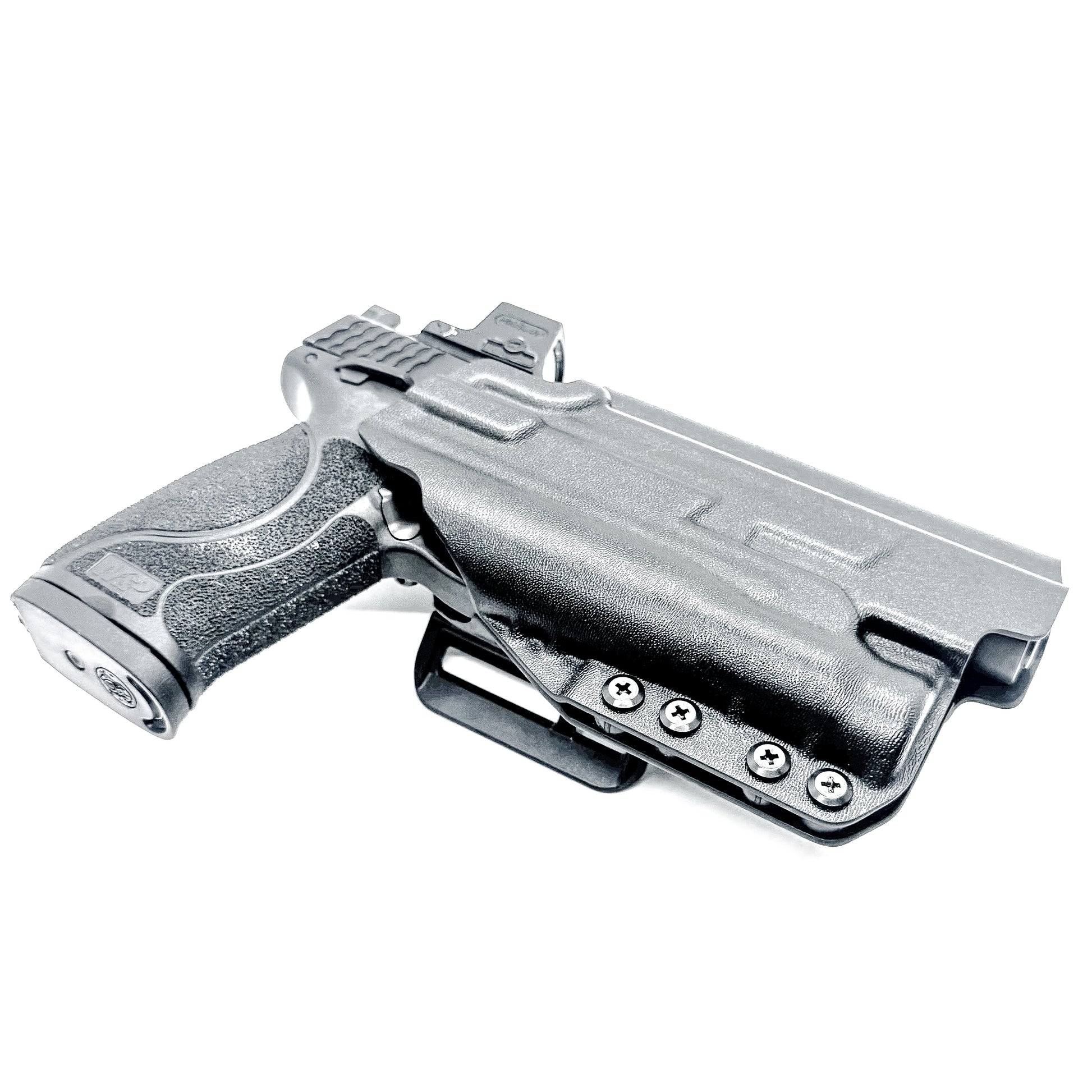 Black Outside Waistband Holster for the Smith & Wesson M&P 10mm 5.6" Performance Center M2.0 pistol & thumb safety & TLR-1 HL with 4Bros 1.5" Belt Slide.
