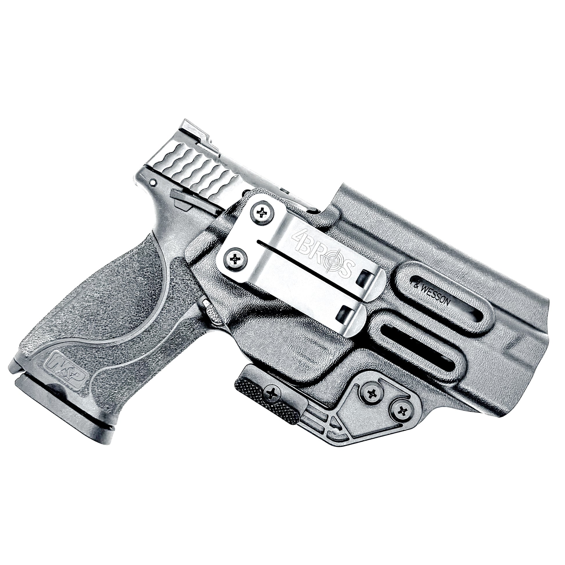 Inside waistband taco-style Kydex holster for Smith & Wesson M&P M2.0 5" pistol with thumb safety – crafted for IWB and AIWB carry by Four Brothers Holsters.