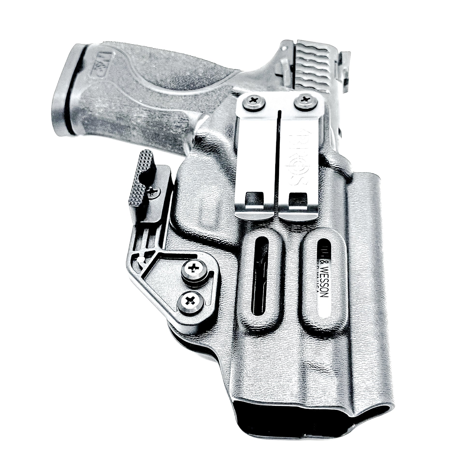 Inside waistband taco-style Kydex holster for Smith & Wesson M&P M2.0 5" pistol with thumb safety – crafted for IWB and AIWB carry by Four Brothers Holsters.