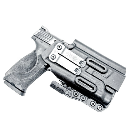 Black 5" IWB Holster for the Smith & Wesson M&P 9MM, 40 S&W, 45ACP M2.0 pistol with thumb safety & Streamlight TLR-1 HL with a DCC Monoblock and a modwing.