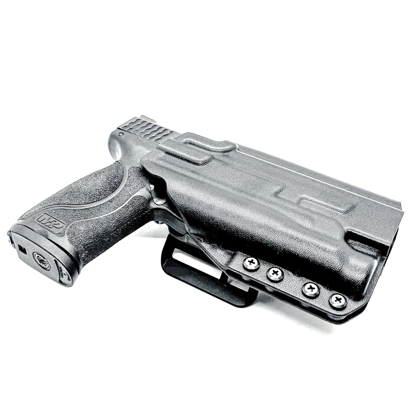 Black 5" OWB Holster for the Smith & Wesson M&P 9MM, 40 S&W, 45ACP M2.0 pistol with a thumb safety & Streamlight TLR-1 HL with a 4BROS 1.5" Belt Slide.