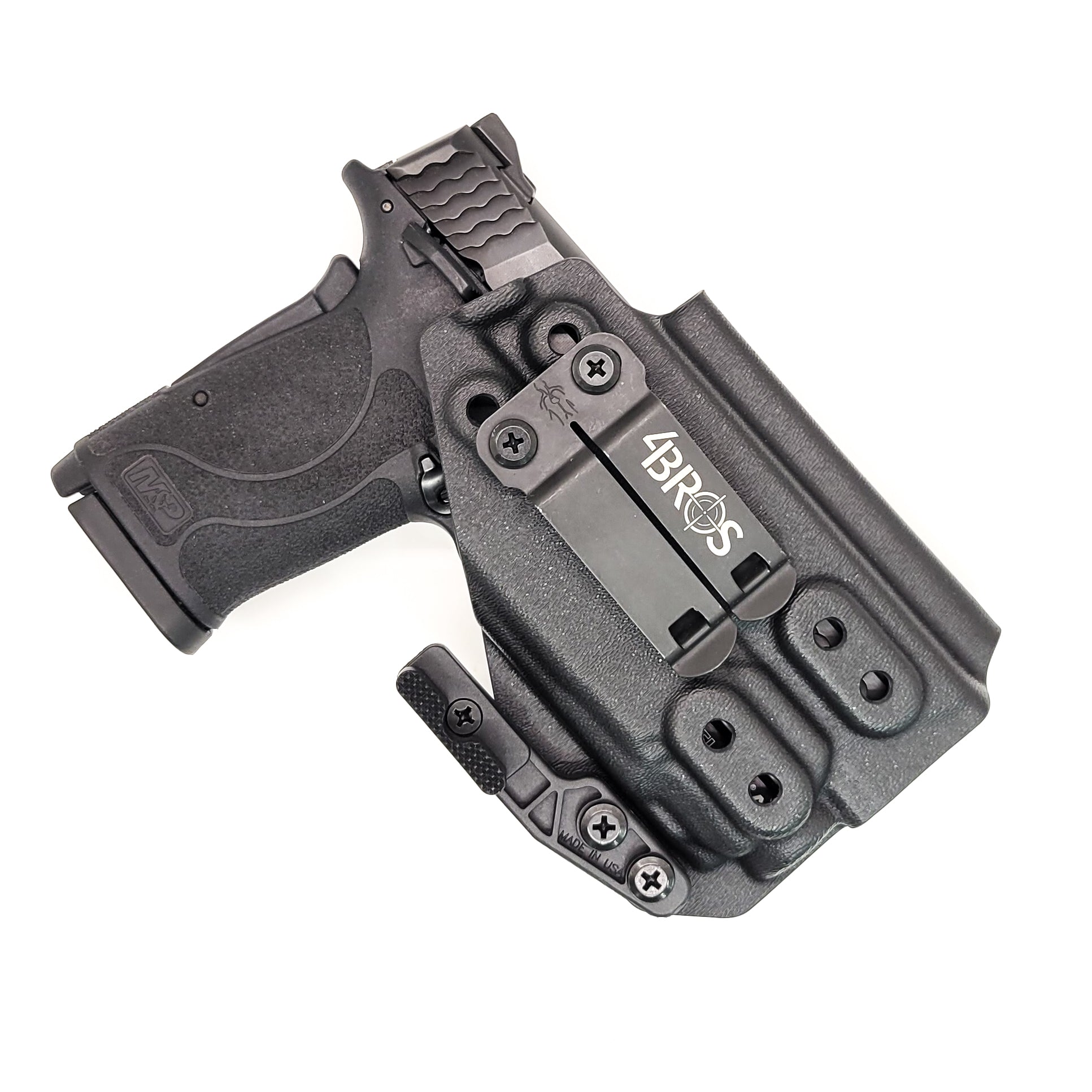 For the best IWB Kydex Inside Waistband Holster for the Smith & Wesson M&P 9 Shield EZ with Streamlight TLR-8 or TLR-8A, shop Four Brothers 4Bros Holsters. 