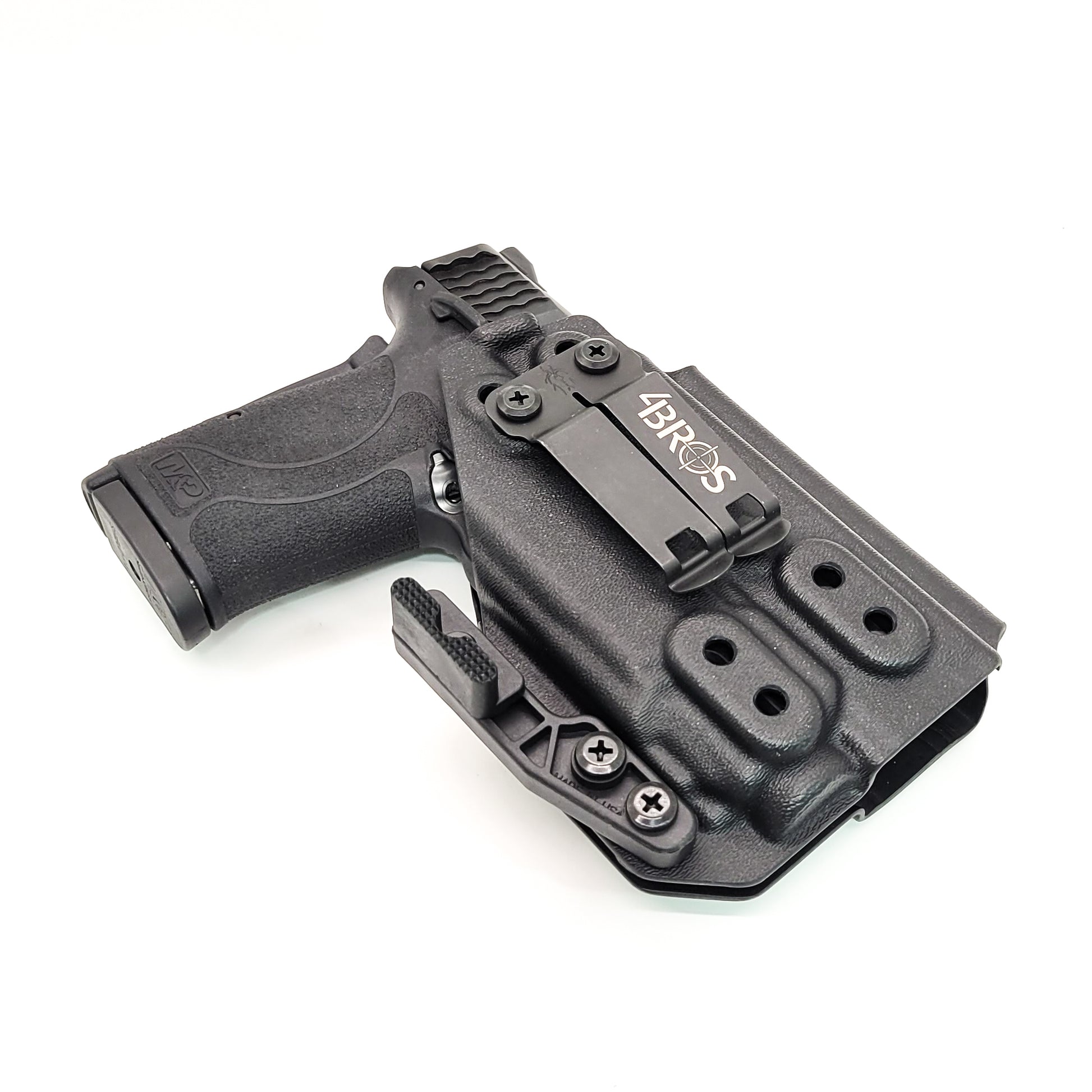 For the best IWB Kydex Inside Waistband Holster for the Smith & Wesson M&P 9 Shield EZ with Streamlight TLR-8 or TLR-8A, shop Four Brothers 4Bros Holsters. 