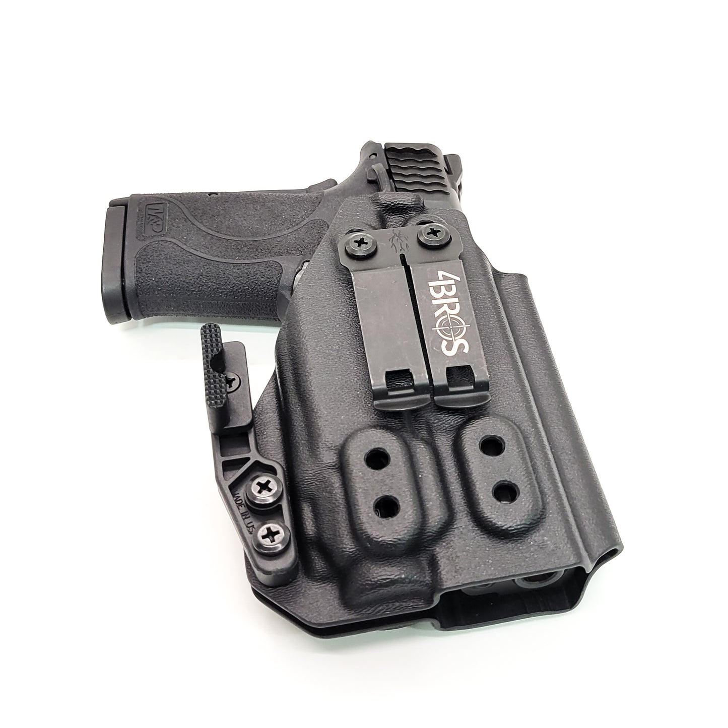 For the best IWB Kydex Inside Waistband Holster for the Smith & Wesson M&P 9 Shield EZ with Streamlight TLR-8 or TLR-8A, shop Four Brothers 4Bros Holsters. 