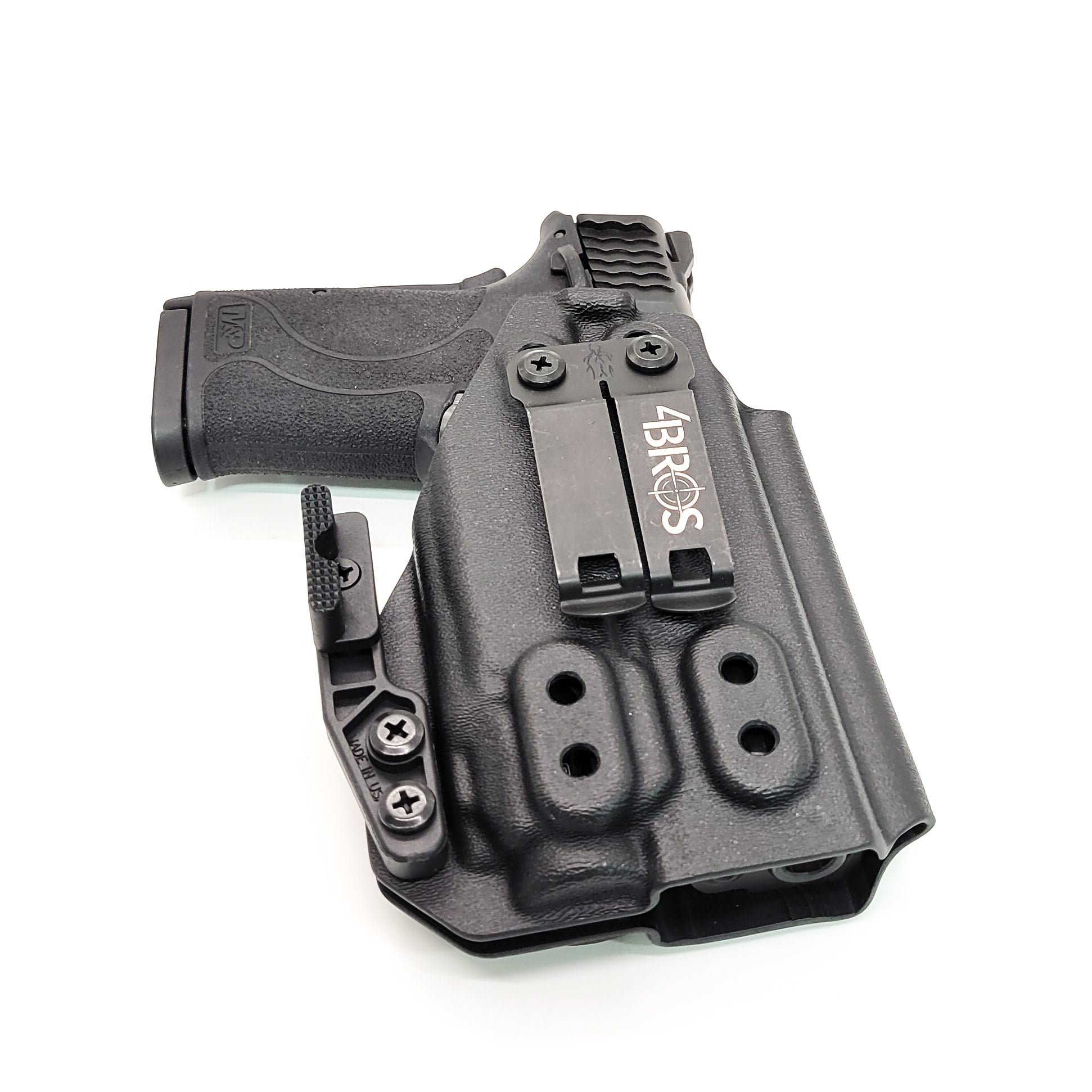 For the best IWB Kydex Inside Waistband Holster for the Smith & Wesson M&P 9 Shield EZ with Streamlight TLR-8 or TLR-8A, shop Four Brothers 4Bros Holsters. 