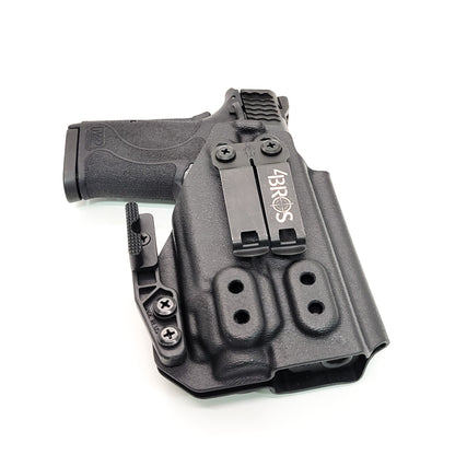 For the best IWB Kydex Inside Waistband Holster for the Smith & Wesson M&P 9 Shield EZ with Streamlight TLR-8 or TLR-8A, shop Four Brothers 4Bros Holsters. 