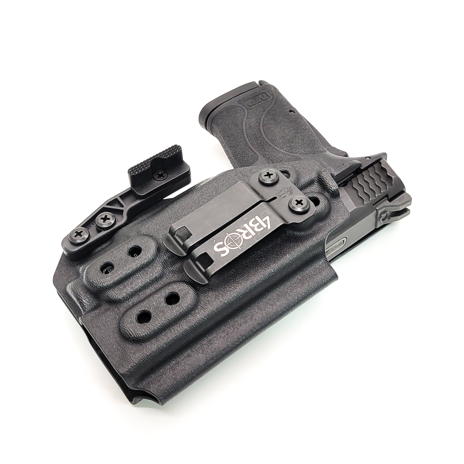 For the best IWB Kydex Inside Waistband Holster for the Smith & Wesson M&P 9 Shield EZ with Streamlight TLR-8 or TLR-8A, shop Four Brothers 4Bros Holsters. 