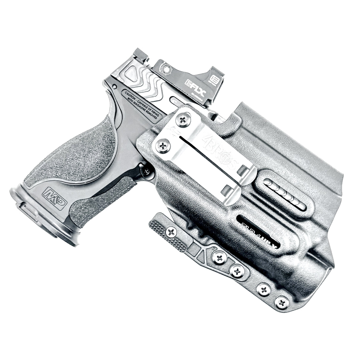 For the best Inside Waistband IWB holster for the Smith & Wesson M&P 9mm 4.25" Metal & Metal Carry Comp pistols with Streamlight TLR-1 HL-X, shop 4BROS Holsters…
