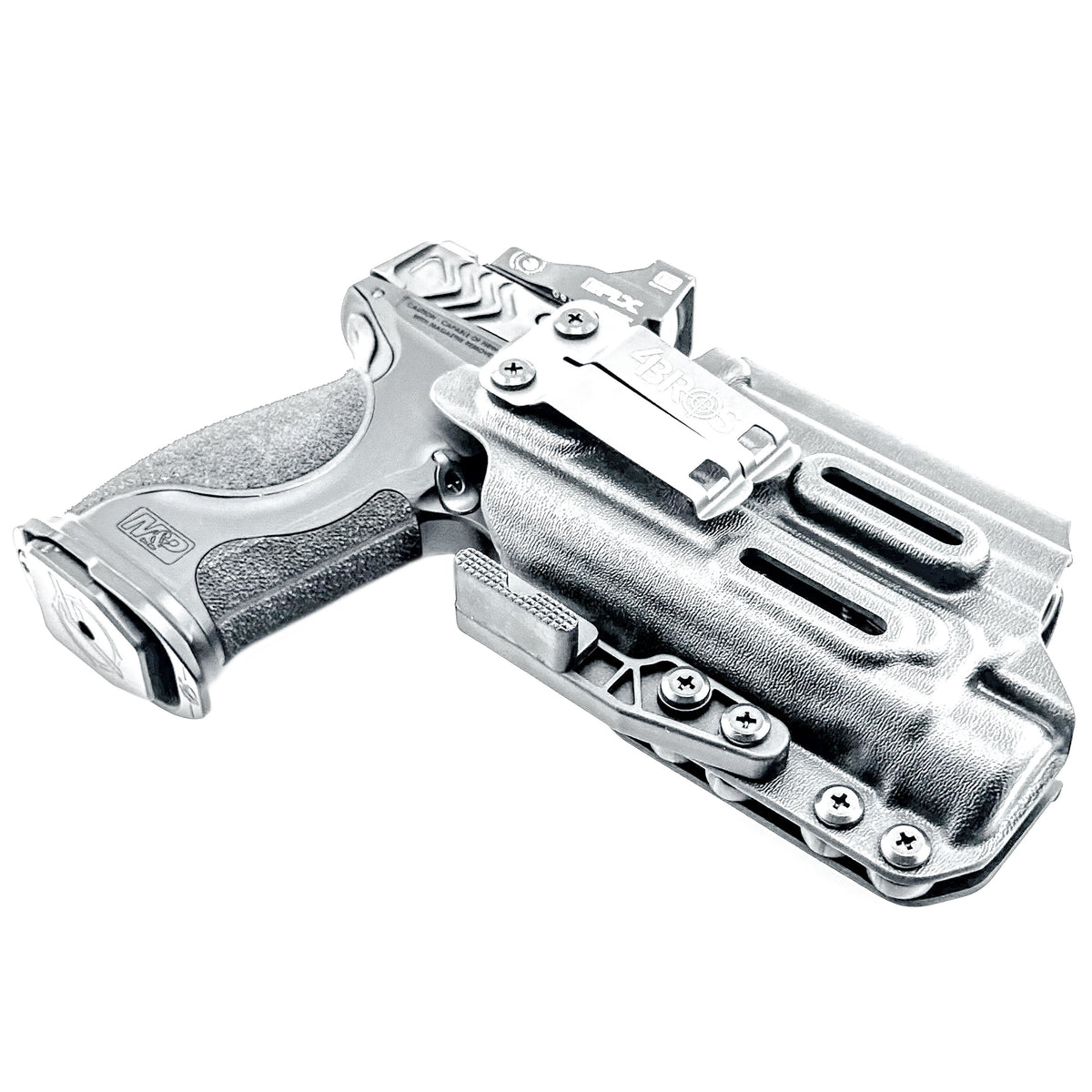 For the best Inside Waistband IWB holster for the Smith & Wesson M&P 9mm 4.25" Metal & Metal Carry Comp pistols with Streamlight TLR-1 HL-X, shop 4BROS Holsters…
