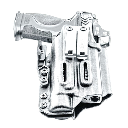 For the best Inside Waistband IWB holster for the Smith & Wesson M&P 9mm 4.25" Metal & Metal Carry Comp pistols with Streamlight TLR-1 HL-X, shop 4BROS Holsters…

