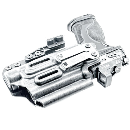 For the best Inside Waistband IWB holster for the Smith & Wesson M&P 9mm 4.25" Metal & Metal Carry Comp pistols with Streamlight TLR-1 HL-X, shop 4BROS Holsters…
