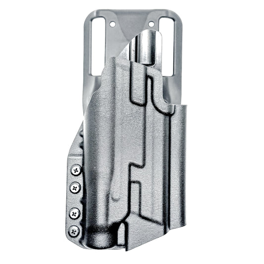 Black OWB duty and competition Kydex holster for the Smith & Wesson M2.0 4.25" Metal 9mm with the Streamlight TLR-1 HL with duty drop attachment.