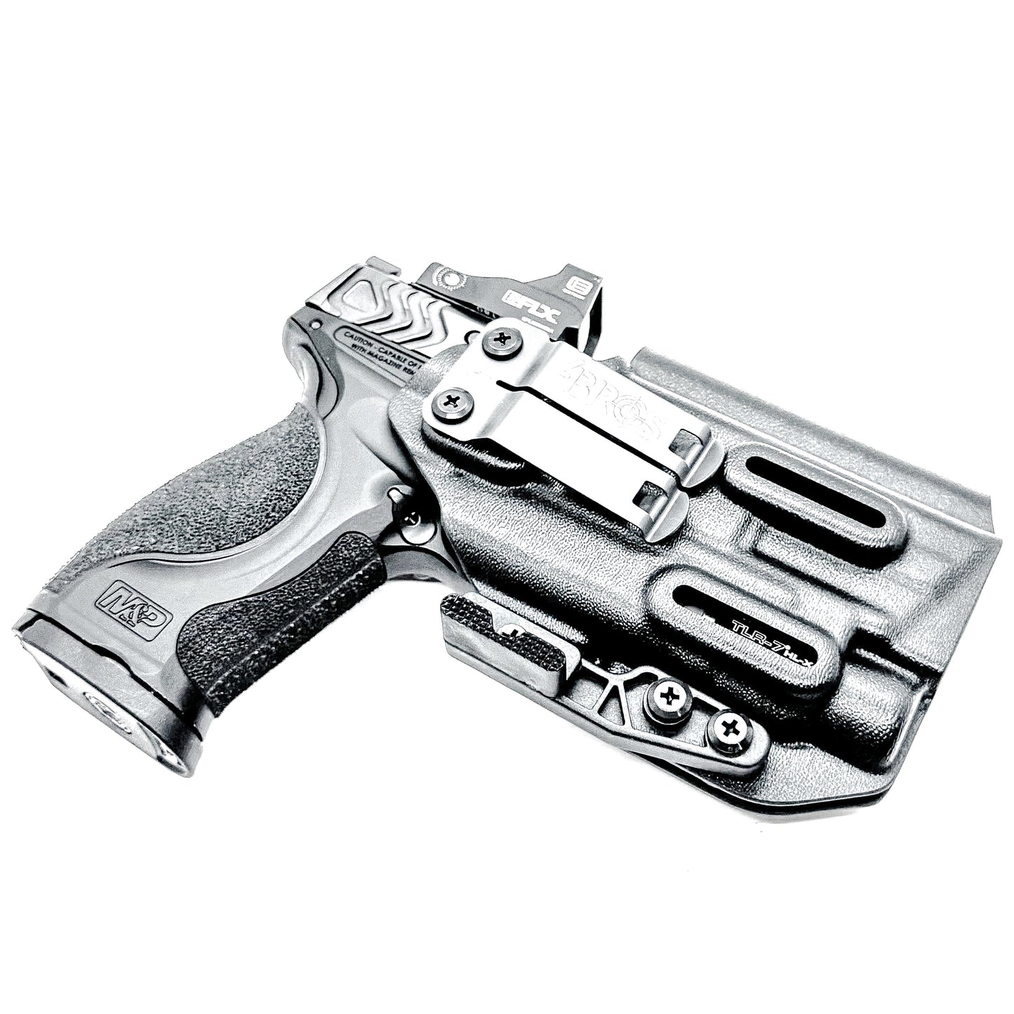 Black Inside Waistband IWB AIWB Holster for the Smith & Wesson M&P Metal 9mm 4" pistol & Streamlight TLR-7X, A or HL-X with a DCC Monoblock and a Modwing.