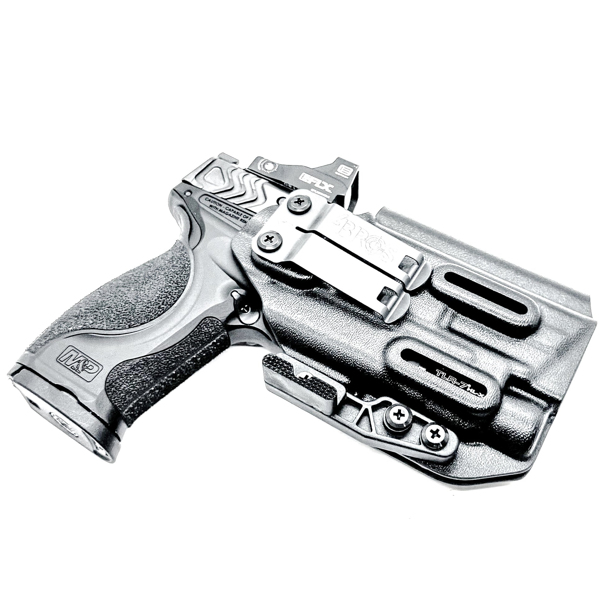 Black Inside Waistband IWB AIWB Holster for the Smith & Wesson M&P Metal 9mm 4" pistol & Streamlight TLR-7X, A or HL-X with a DCC Monoblock and a Modwing.