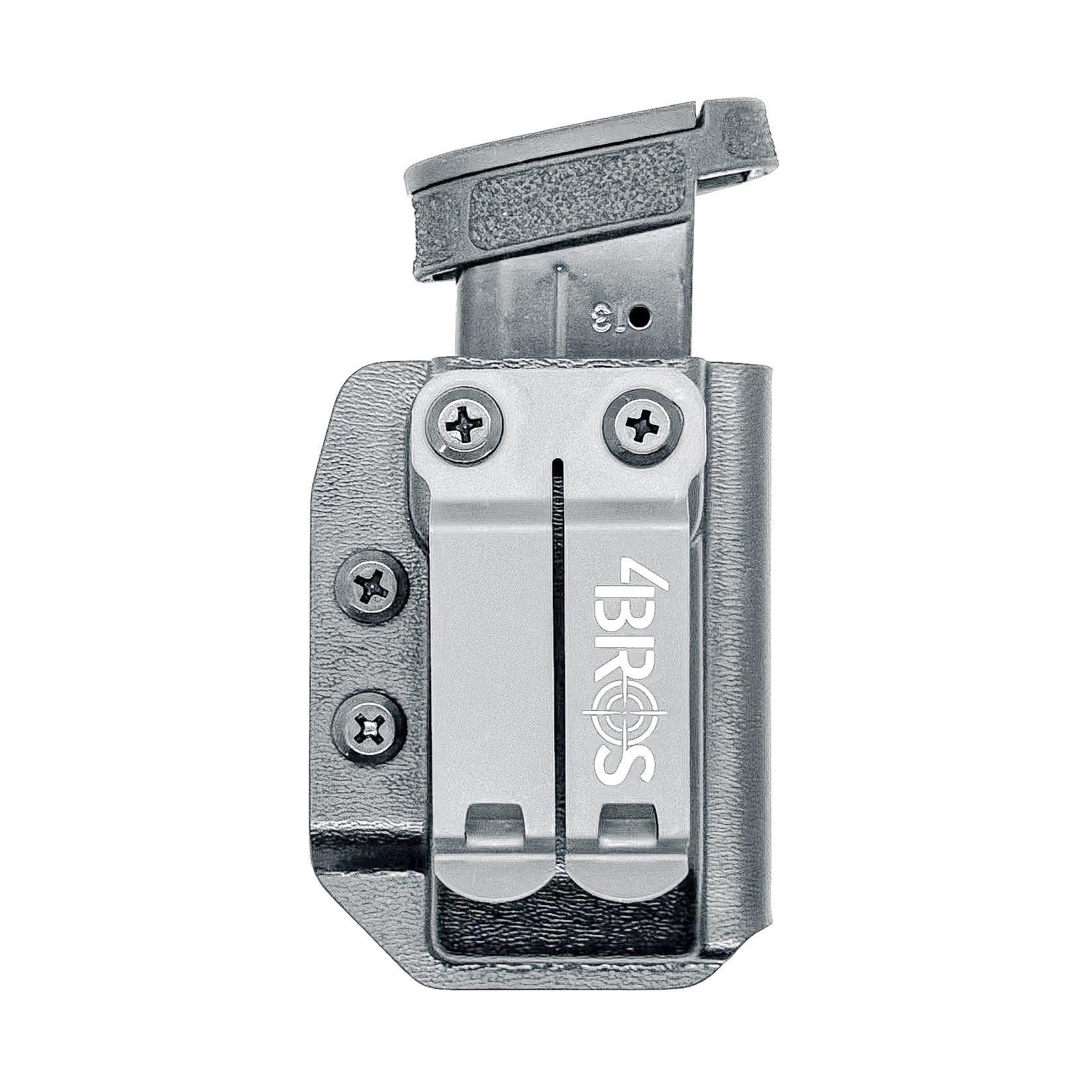 Black Kydex IWB AIWB appendix inside waistband magazine pouch for the Smith & Wesson Shield Plus from Four Brothers Holsters.  Proudly made in the USA.