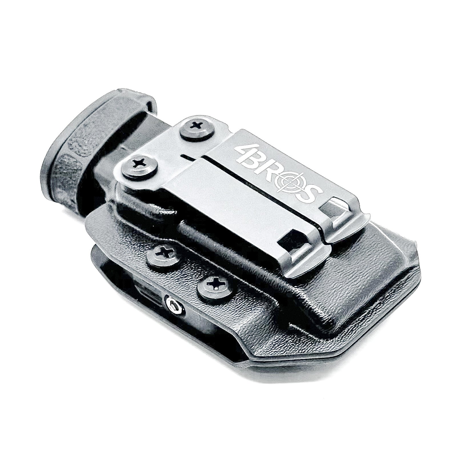 Black Kydex IWB AIWB appendix inside waistband magazine pouch for the Smith & Wesson Shield Plus from Four Brothers Holsters.  Proudly made in the USA.