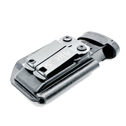 Black Kydex IWB AIWB appendix inside waistband magazine pouch for the Smith & Wesson Shield Plus from Four Brothers Holsters.  Proudly made in the USA.