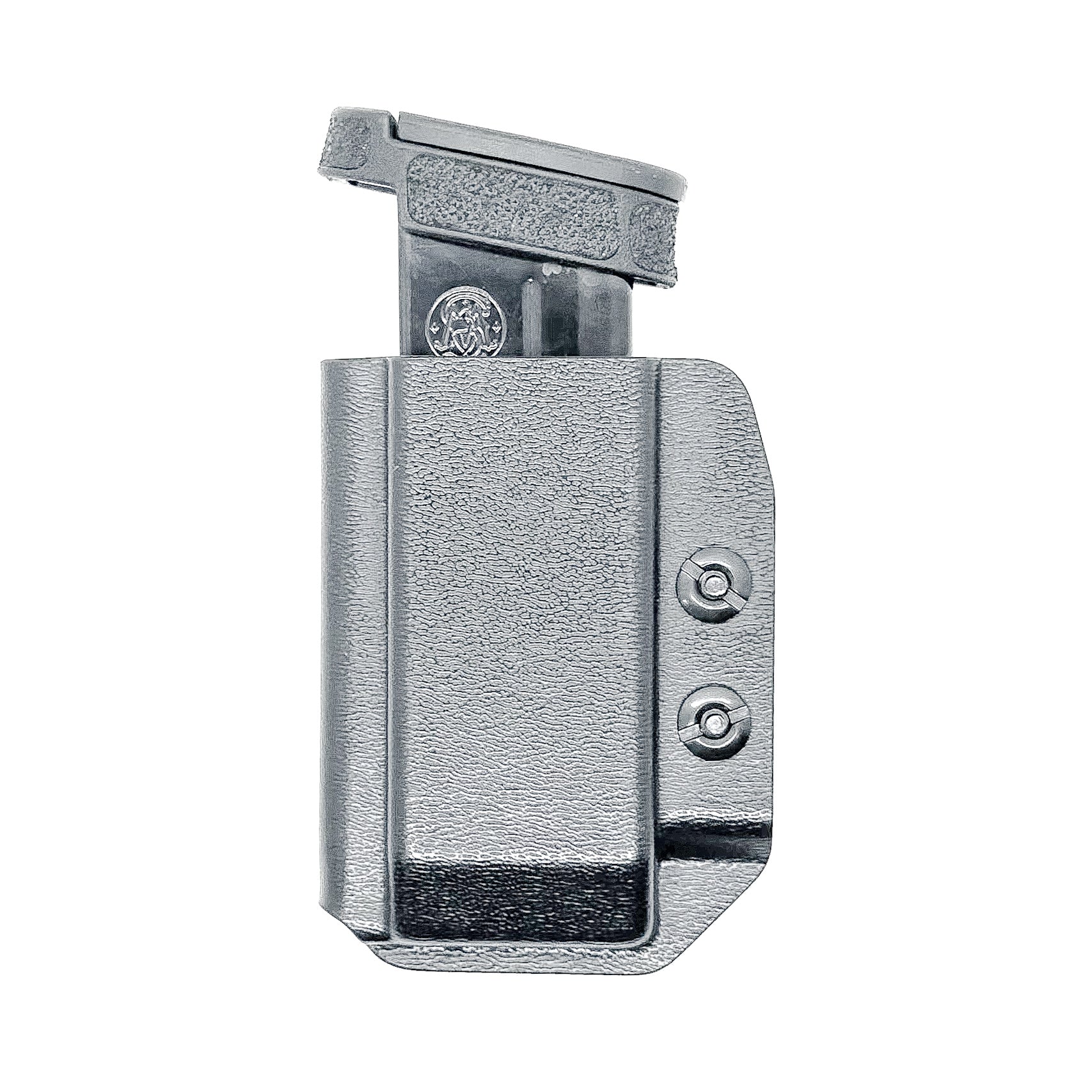 Black Kydex IWB AIWB appendix inside waistband magazine pouch for the Smith & Wesson Shield Plus from Four Brothers Holsters.  Proudly made in the USA.