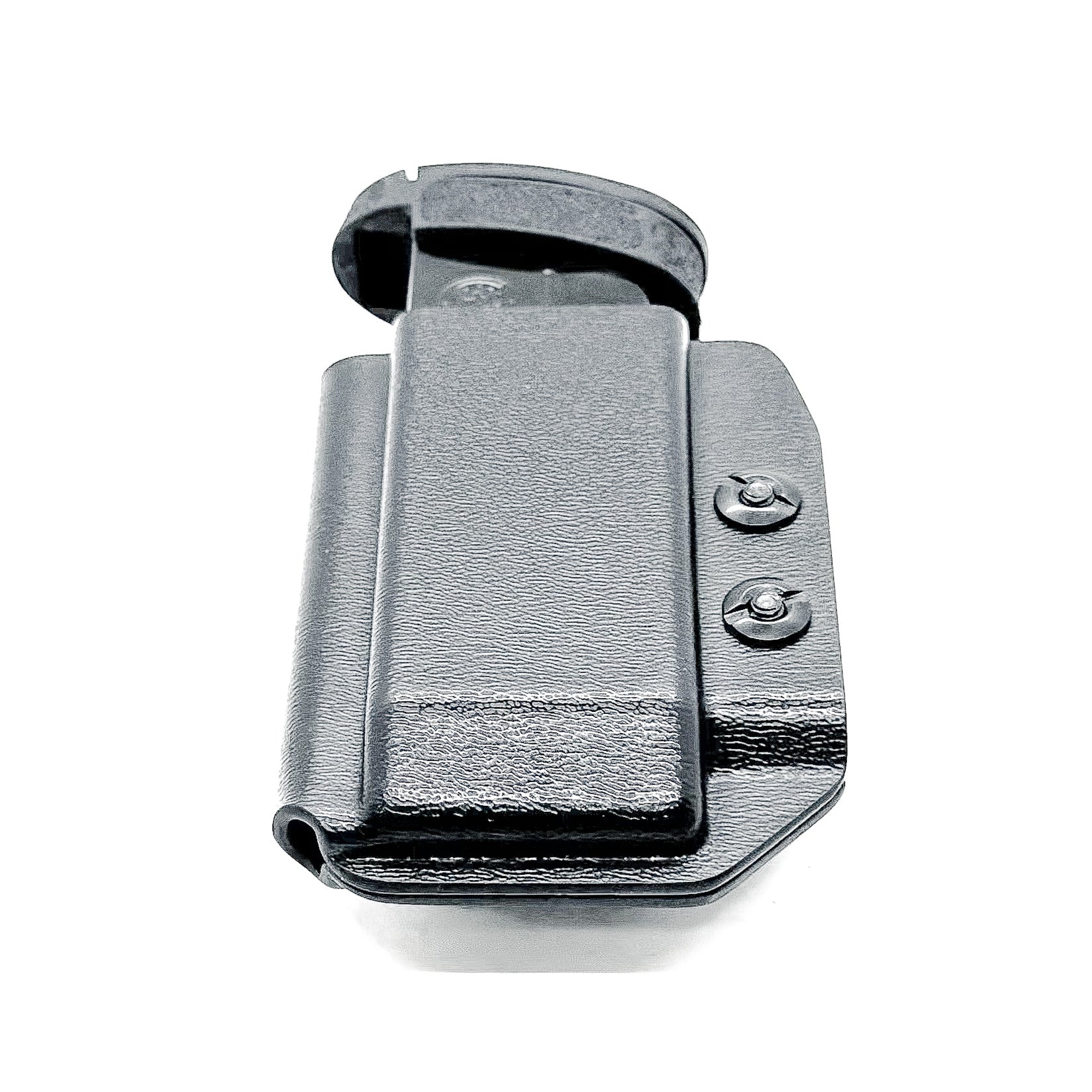 Black Kydex IWB AIWB appendix inside waistband magazine pouch for the Smith & Wesson Shield Plus from Four Brothers Holsters.  Proudly made in the USA.