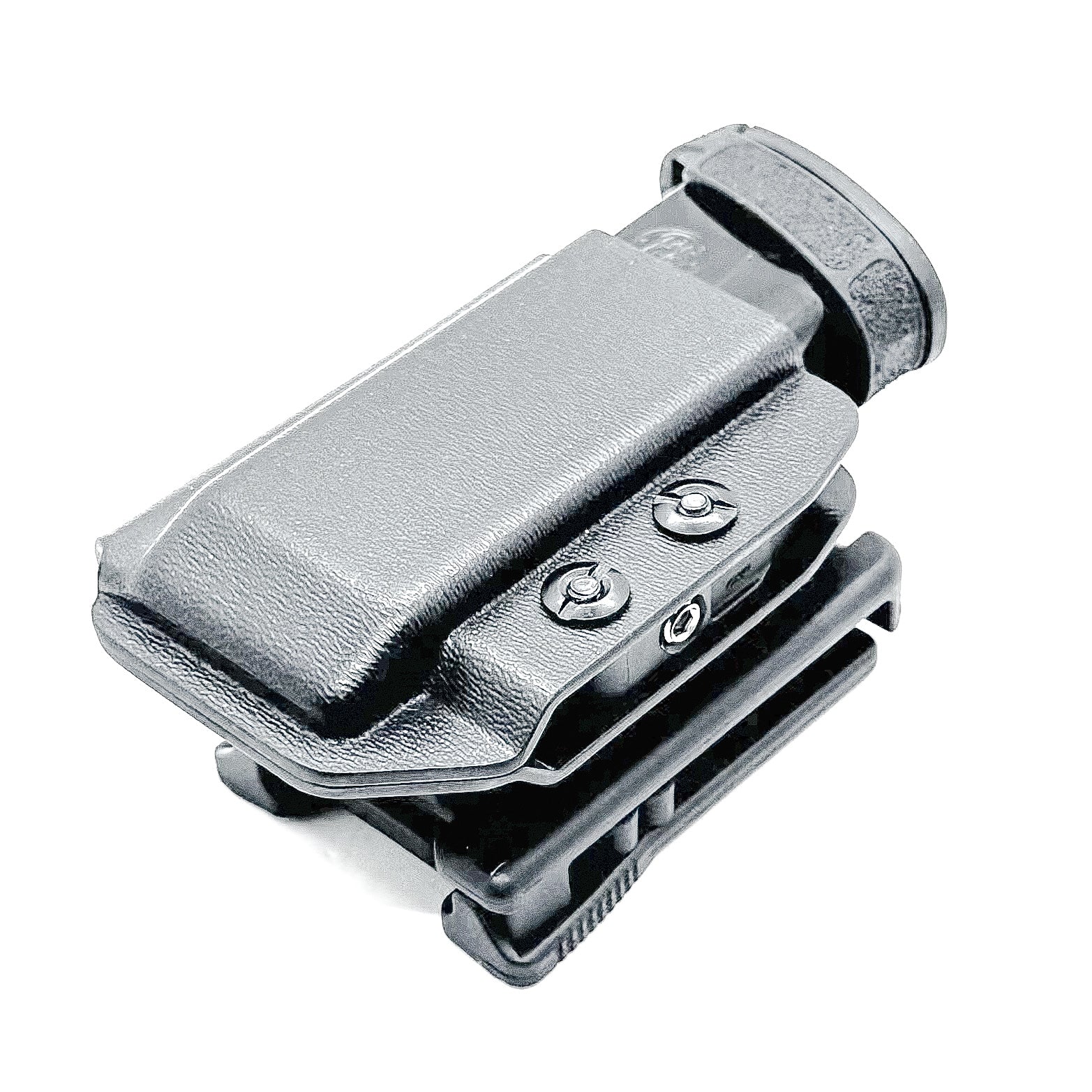 Black Kydex OWB Outside Waistband magazine pouch for the Smith & Wesson Shield Plus from Four Brothers 4BROS Holsters.  Adjustable retention and cant.
