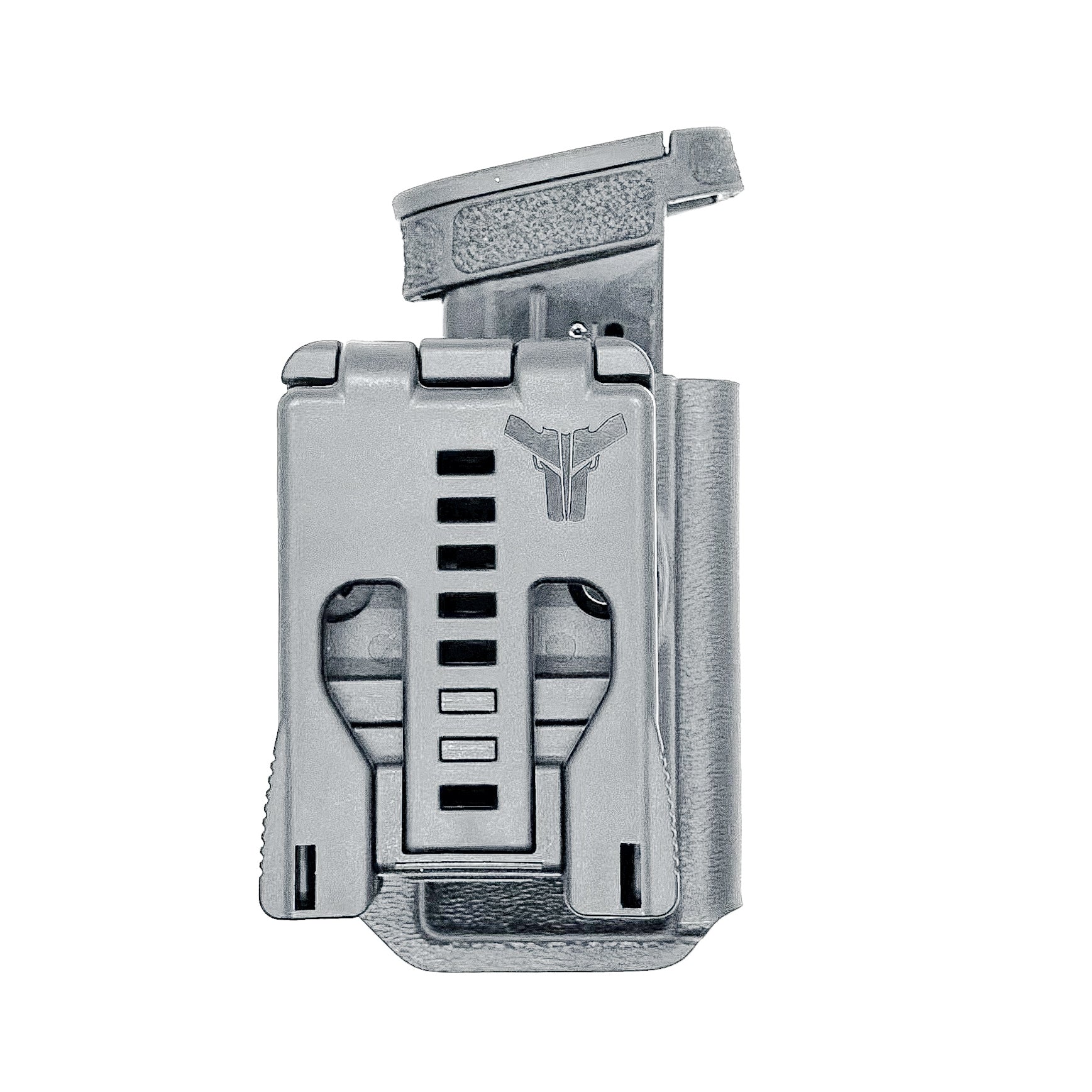 Black Kydex OWB Outside Waistband magazine pouch for the Smith & Wesson Shield Plus from Four Brothers 4BROS Holsters.  Adjustable retention and cant.