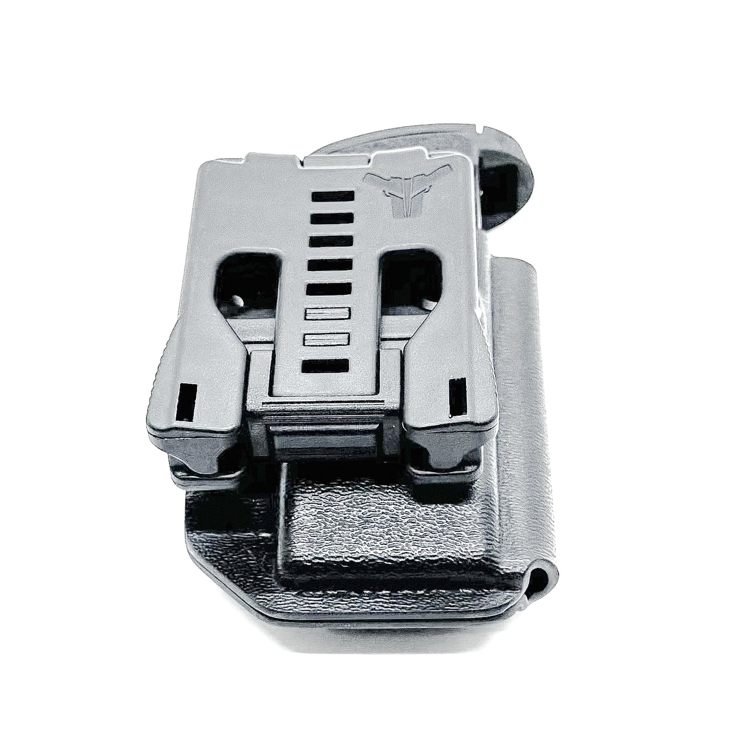 Black Kydex OWB Outside Waistband magazine pouch for the Smith & Wesson Shield Plus from Four Brothers 4BROS Holsters.  Adjustable retention and cant.