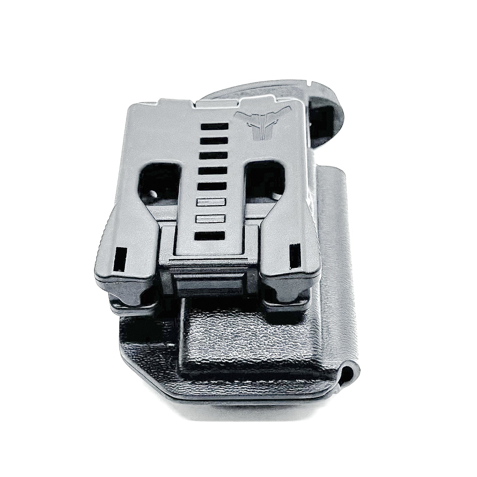 Black Kydex OWB Outside Waistband magazine pouch for the Smith & Wesson Shield Plus from Four Brothers 4BROS Holsters.  Adjustable retention and cant.